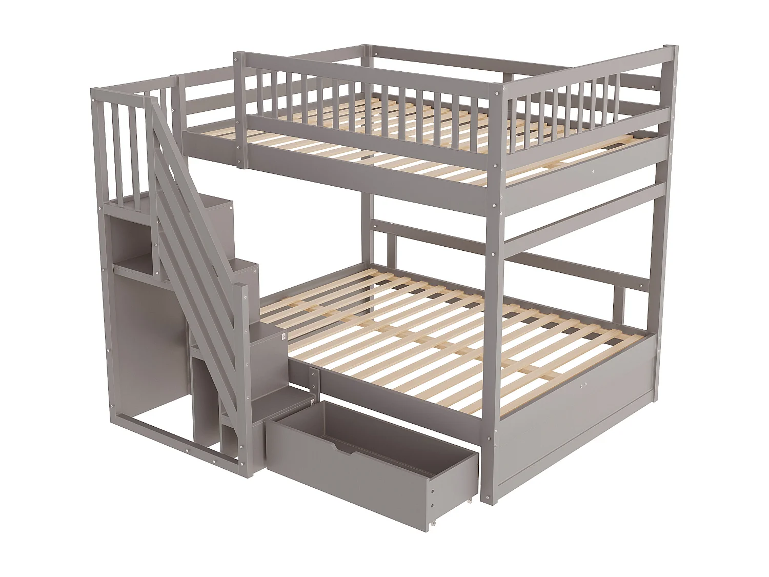 Cama beliche 140x200cm - com escada de segurança - com 1 gaveta - com estrado de ripas - cinza (sem colchão)