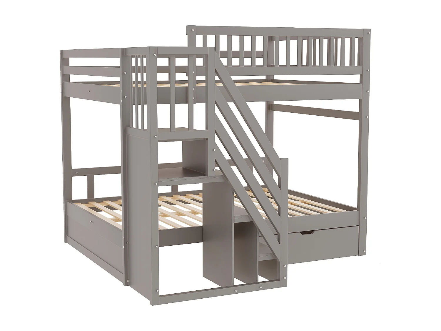 Cama beliche 140x200cm - com escada de segurança - com 1 gaveta - com estrado de ripas - cinza (sem colchão)