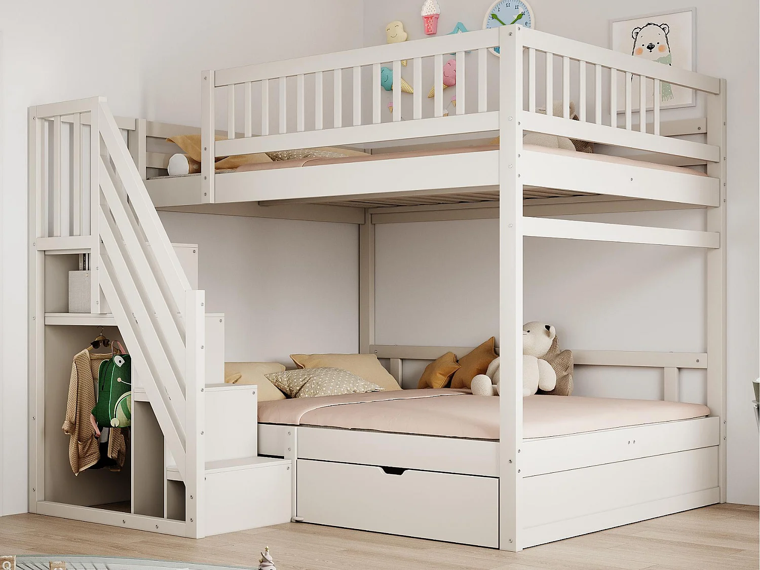 Lit superposé 140x200cm - avec échelle de sécurité - avec 1 tiroir - avec sommier à lattes - blanc (sans matelas)