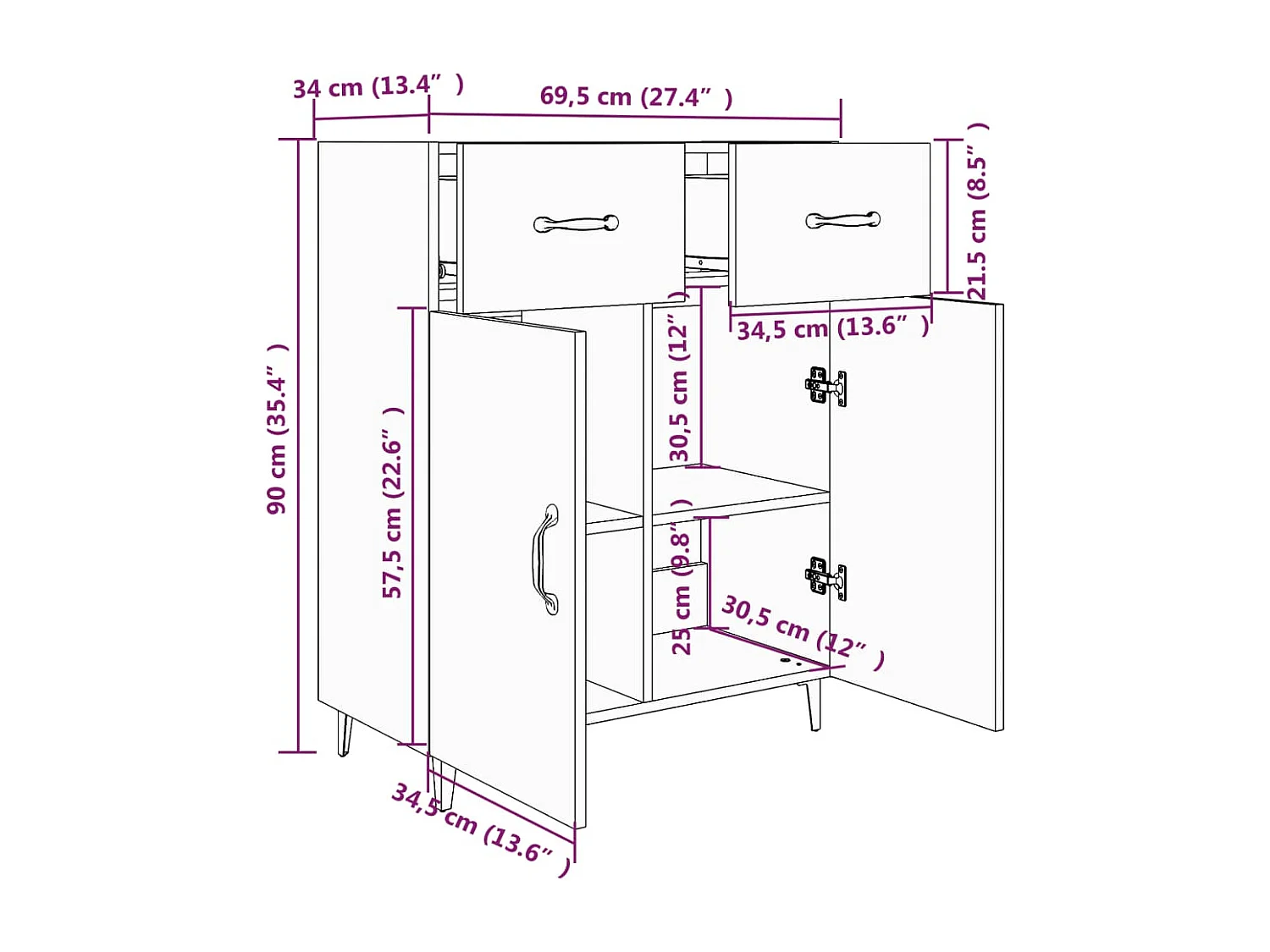 Credenza buffet cassettiera mobile contenitore organizer cucina soggiorno soggiorno 69,5 x 34 x 90 cm multistrato nero 02_0036066