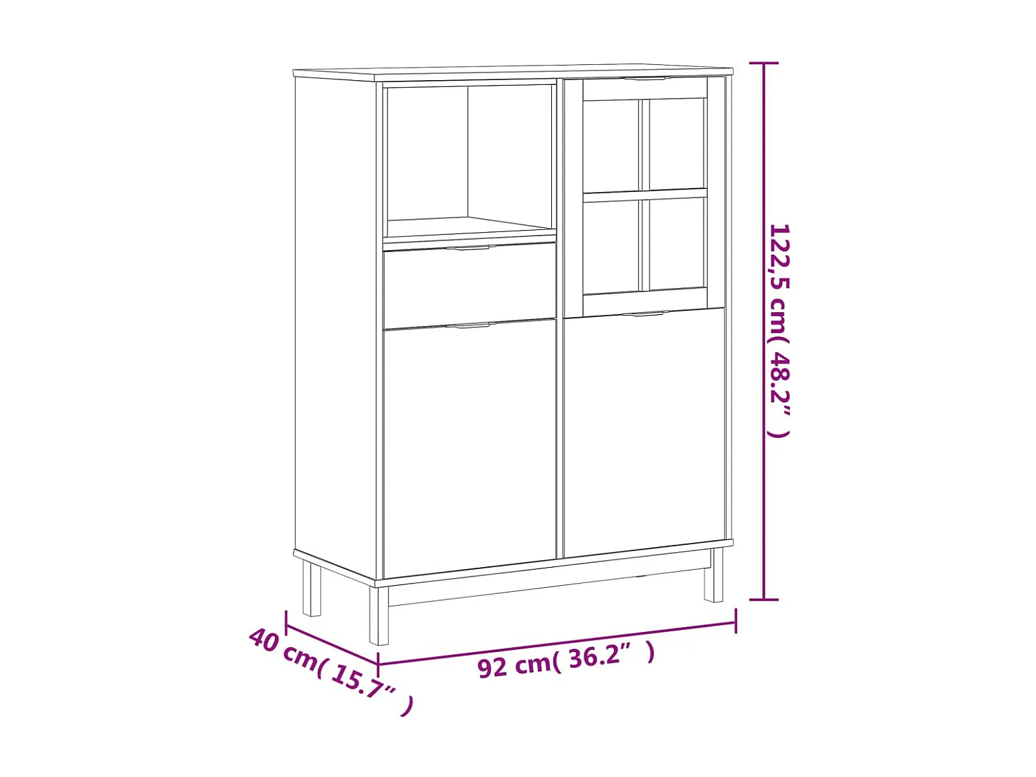 Aparador buffet cómoda armario mueble organizador cocina salón salón con puerta de cristal FLAm 92 x 40 x 122,5 cm madera maciza de pino marrón 02_0030105