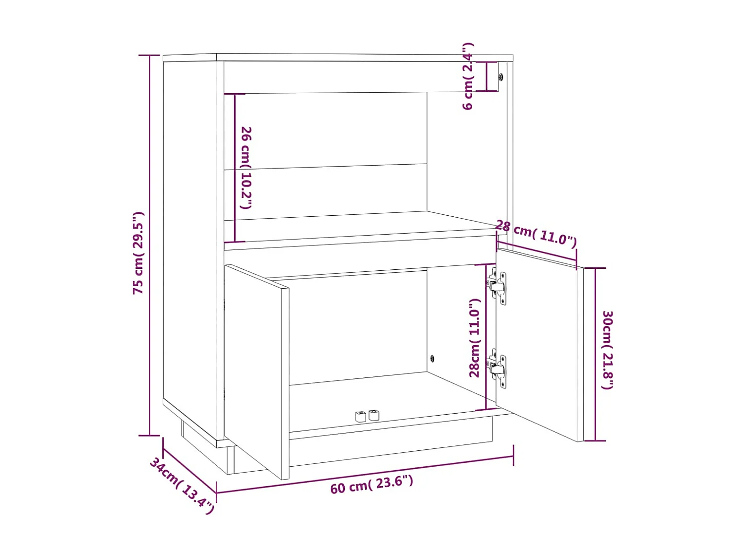 Credenza buffet cassettiera mobile contenitore organizer cucina soggiorno soggiorno 60 x 34 x 75 cm legno massello di pino marrone 02_0029618