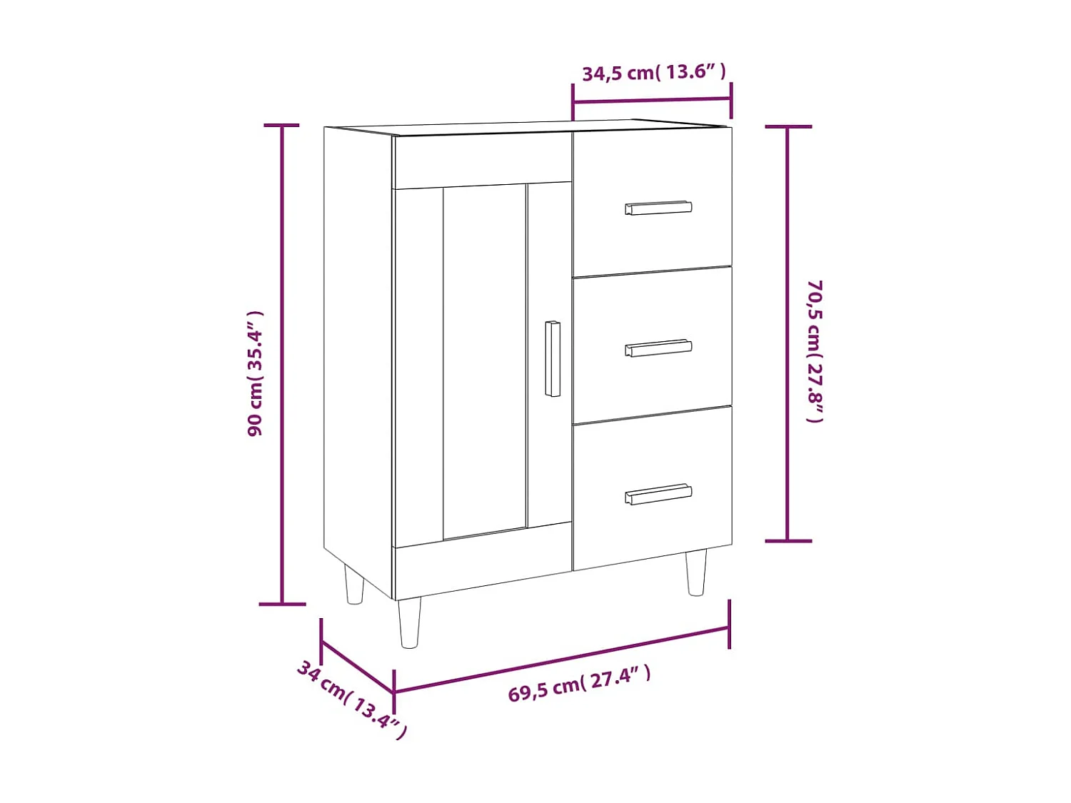 Aparador buffet cómoda mueble almacenaje organizador cocina salón brillante 69,5 x 34 x 90 cm madera contrachapada blanco 02_0030744