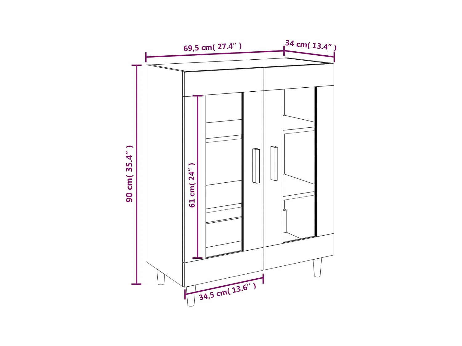 Aparador buffet cómoda mueble mueble de almacenamiento organizador cocina salón salón 69,5 x 34 x 90 cm madera contrachapada blanco 02_0030426