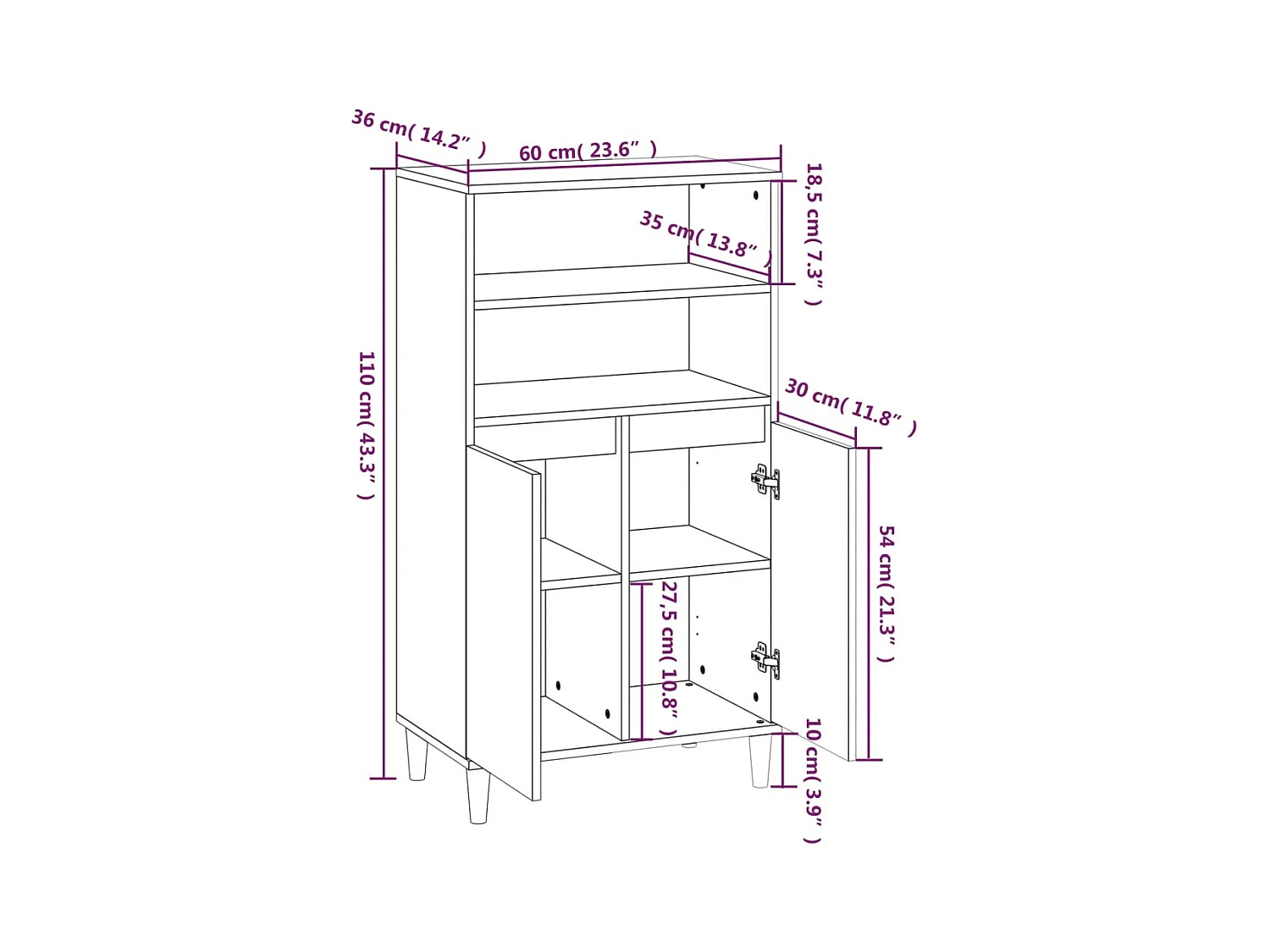 Credenza cassettiera cassettiera mobile contenitore organizer cucina soggiorno soggiorno alto 60 x 36 x 110 cm derivati ​​del legno nero 02_0034944