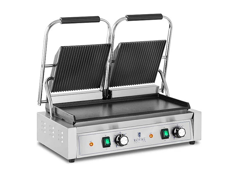 Máquina panini dupla ranhurada + torradeira lisa 3600 watts 50 - 300 °C com coletor de gordura em aço inoxidável ferro fundido profissional 14_0004005