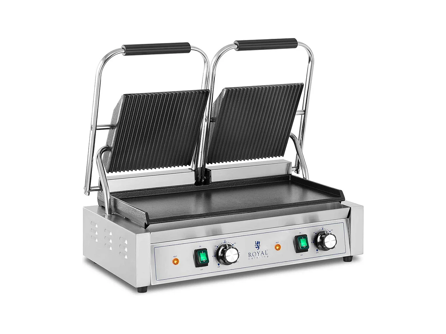 Máquina panini dupla ranhurada + torradeira lisa 3600 watts 50 - 300 °C com coletor de gordura em aço inoxidável ferro fundido profissional 14_0004005