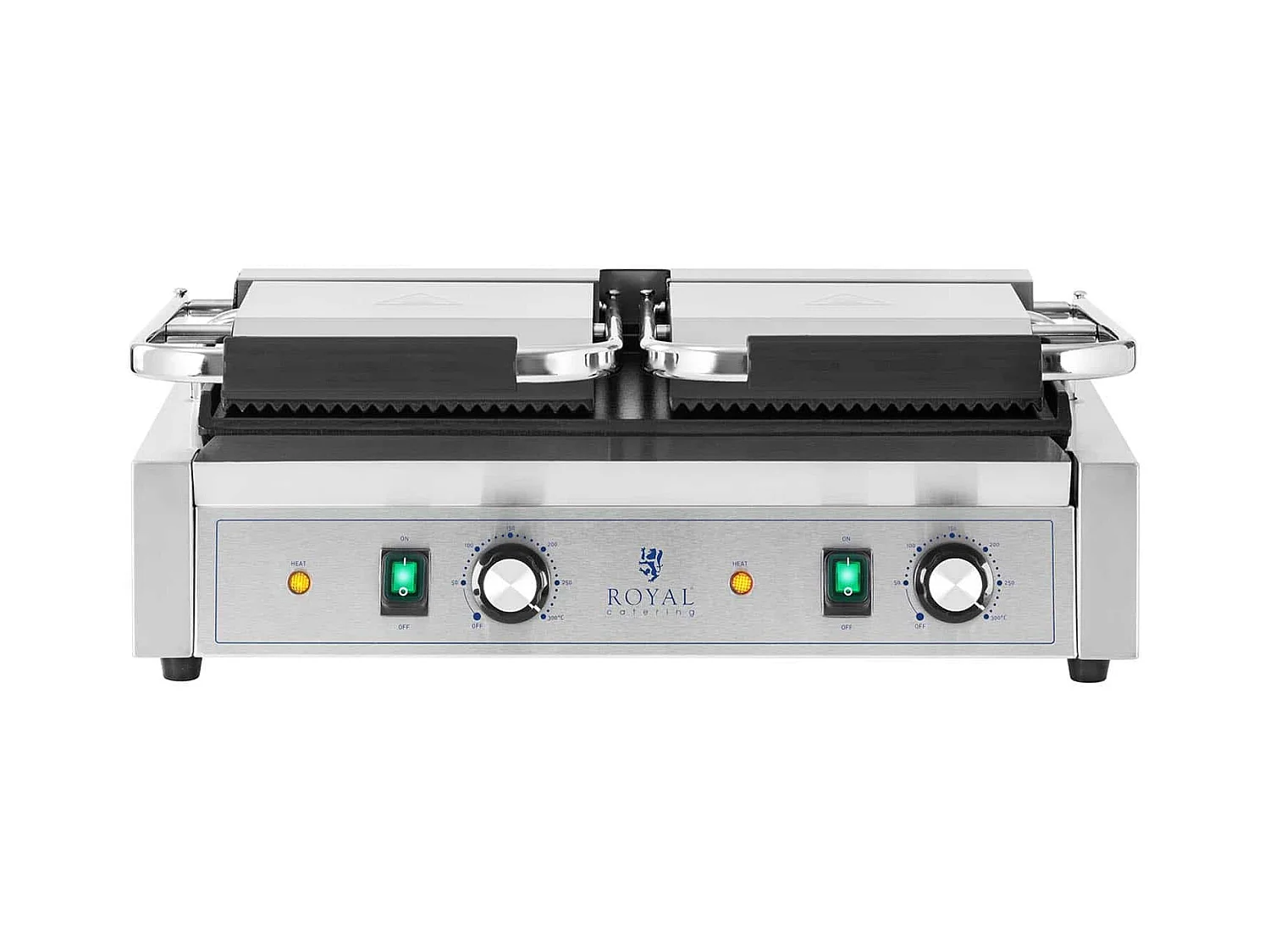 Máquina panini dupla ranhurada + torradeira lisa 3600 watts 50 - 300 °C com coletor de gordura em aço inoxidável ferro fundido profissional 14_0004005