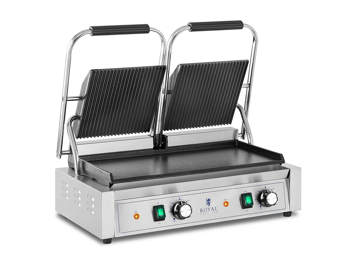 Máquina panini dupla ranhurada + torradeira lisa 3600 watts 50 - 300 °C com coletor de gordura em aço inoxidável ferro fundido profissional 14_0004005