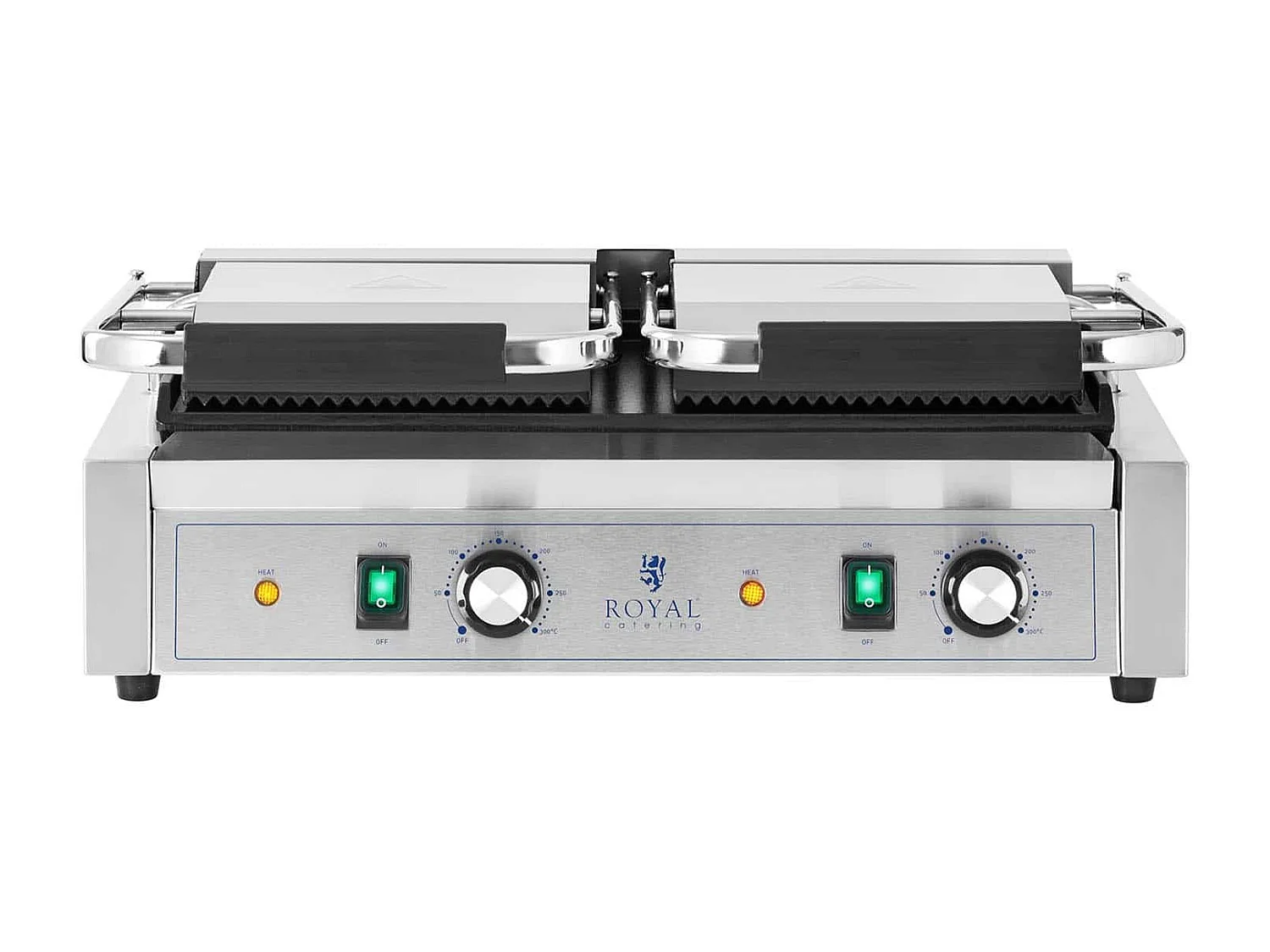 Máquina panini dupla ranhurada + torradeira lisa 3600 watts 50 - 300 °C com coletor de gordura em aço inoxidável ferro fundido profissional 14_0004005