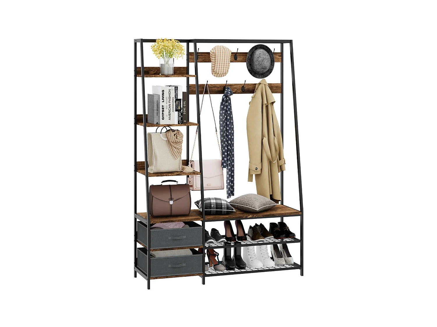 Mobile ingresso appendiabiti grande 9 ganci doppi 2 cassetti 6 ripiani 1 scarpiera marrone stile industriale 20_0005273
