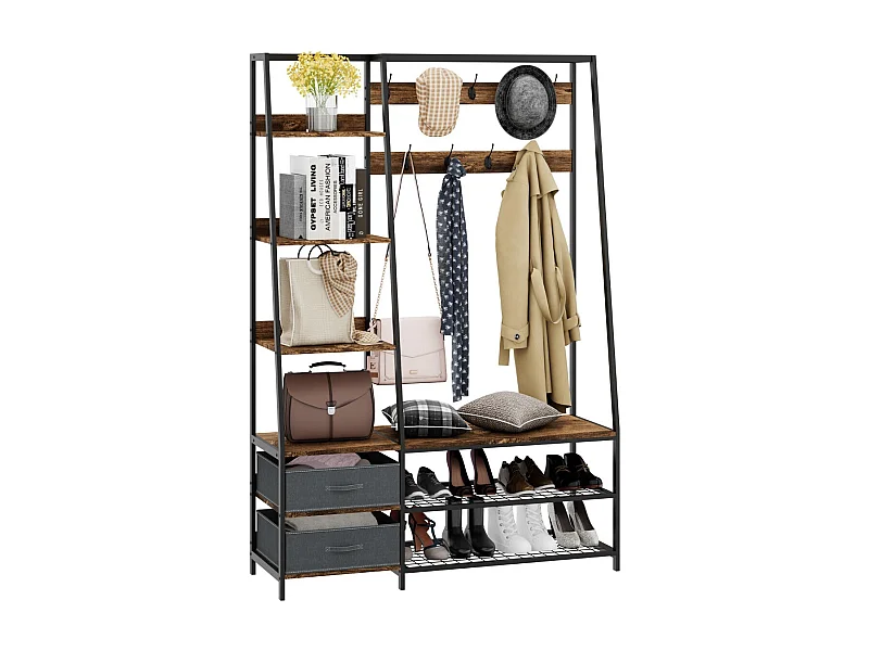 Mobile ingresso appendiabiti grande 9 ganci doppi 2 cassetti 6 ripiani 1 scarpiera marrone stile industriale 20_0005273