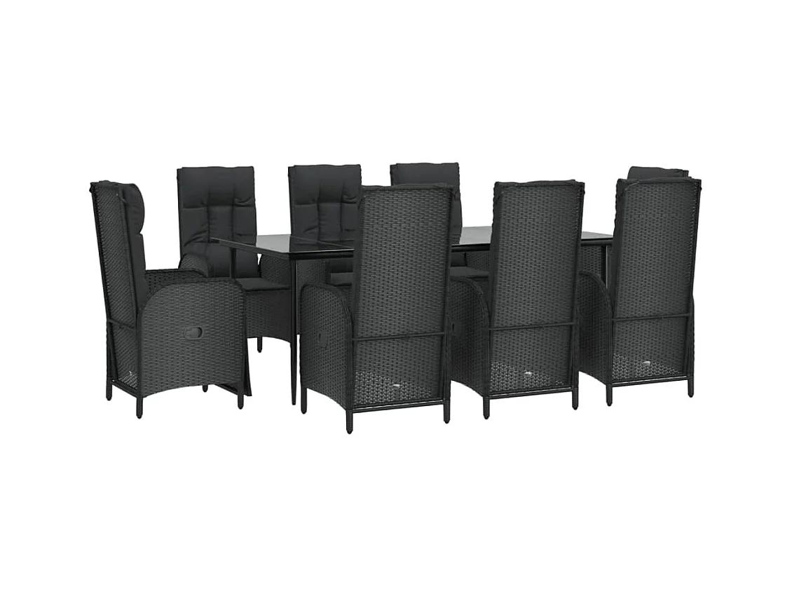 Mueble comedor de jardín de 9 piezas y cojines de resina tejida en negro 02_0014835
