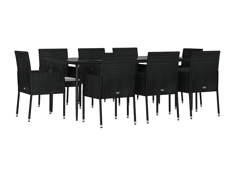Mueble comedor de jardín de 9 piezas y cojines de resina tejida en negro 02_0014831
