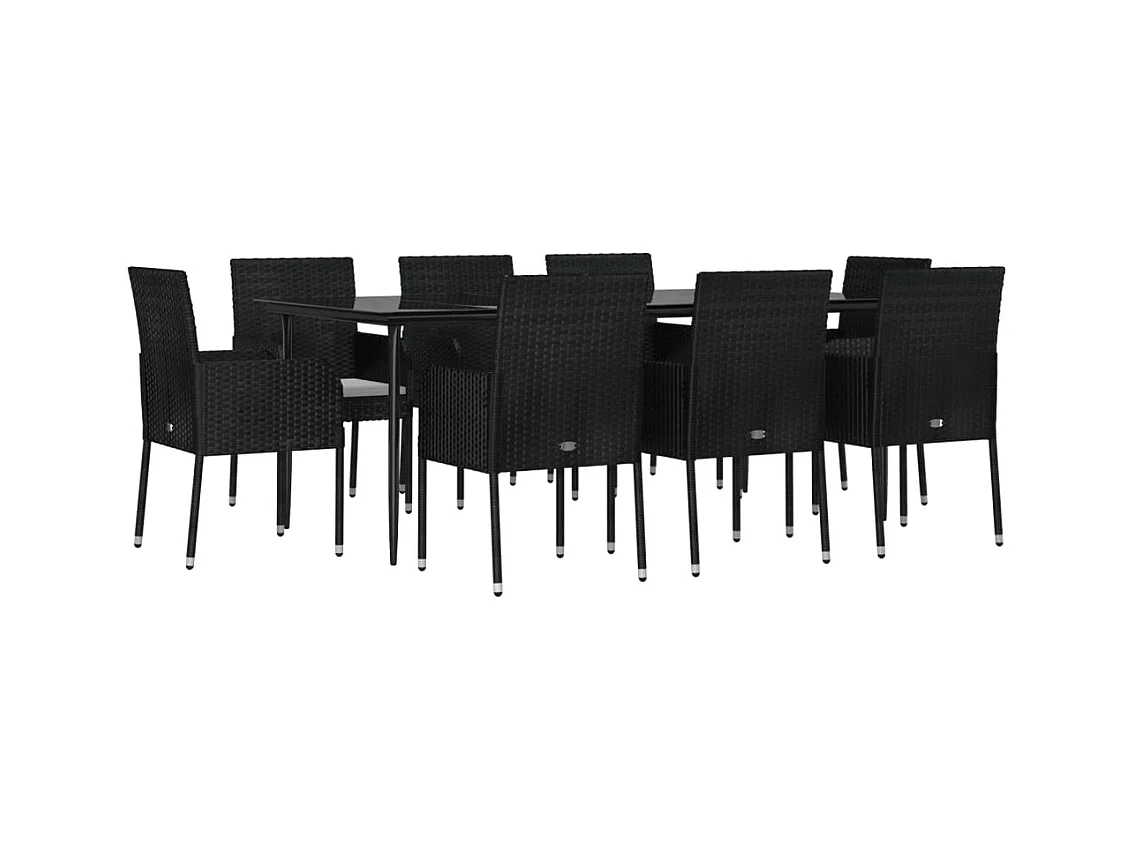 Mueble comedor de jardín de 9 piezas y cojines de resina tejida en negro 02_0014831