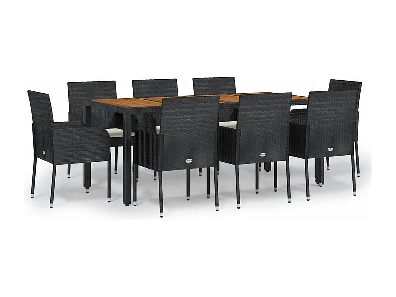 Juego de comedor de jardín de 9 piezas con cojines de mimbre negro 02_0014832