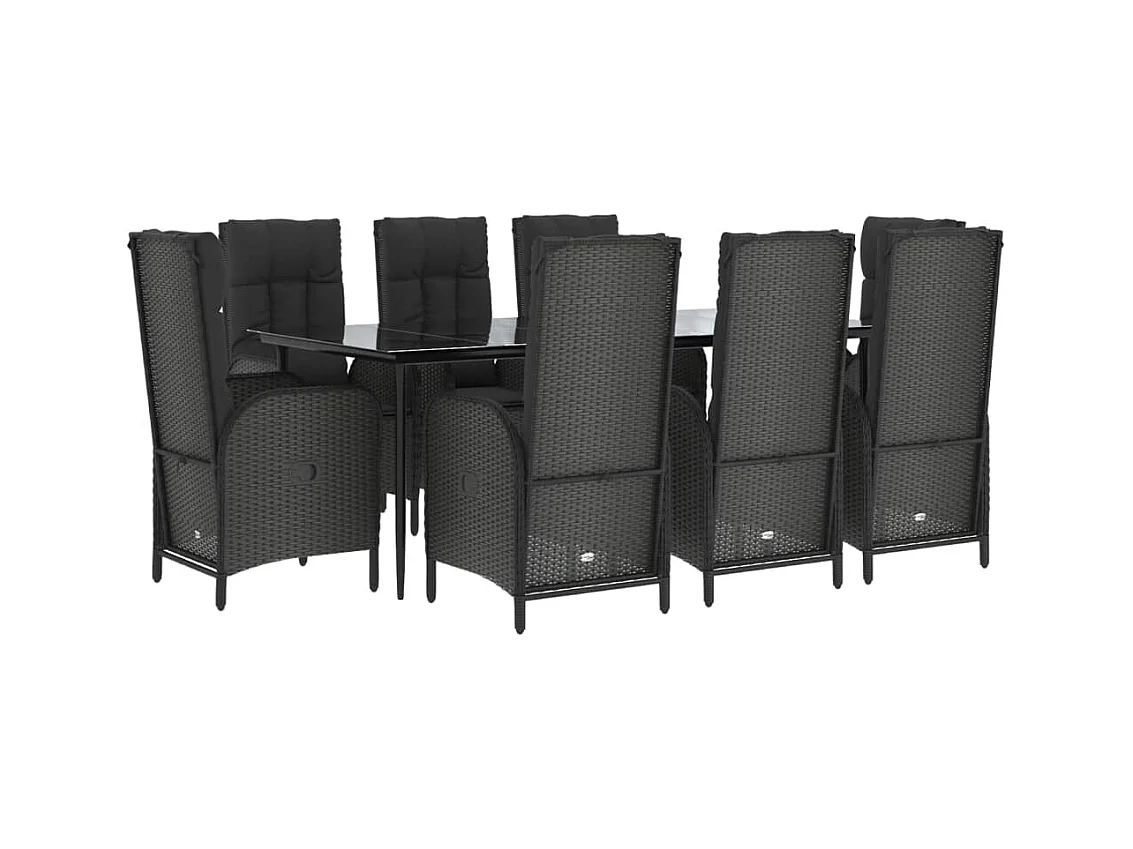 Mueble comedor de jardín de 9 piezas y cojines de resina tejida en negro 02_0014834