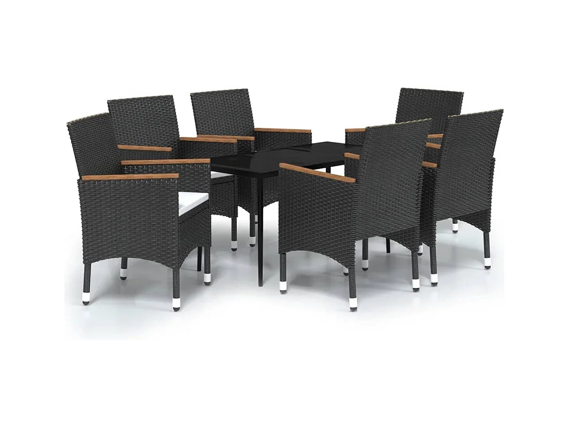Móveis de sala de jantar de jardim com almofadas 7 peças pretas 02_0014607