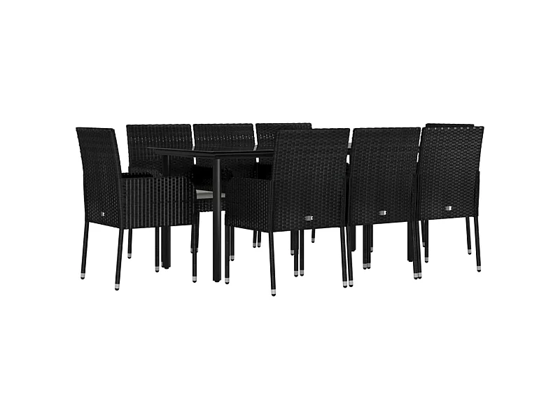 Mueble comedor de jardín de 9 piezas y cojines de resina tejida en negro 02_0014833