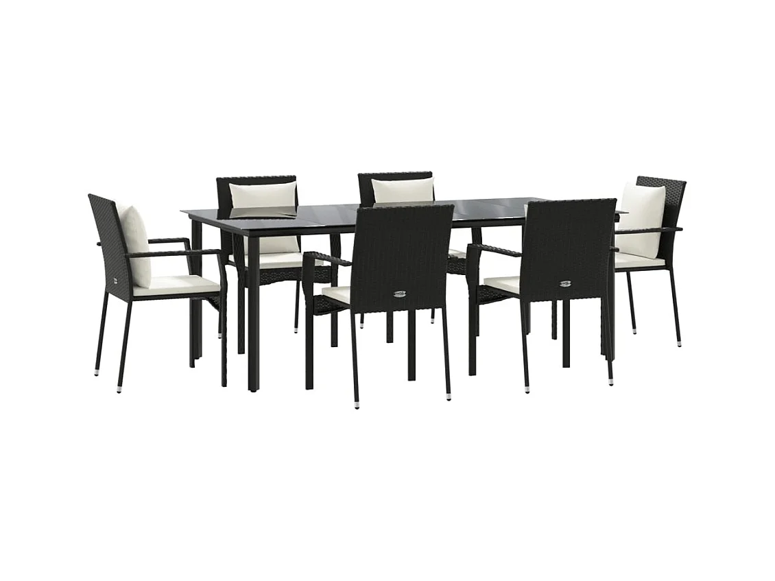 Conjunto de comedor de jardín de 7 piezas de mimbre de resina negra con cojines 02_0014467