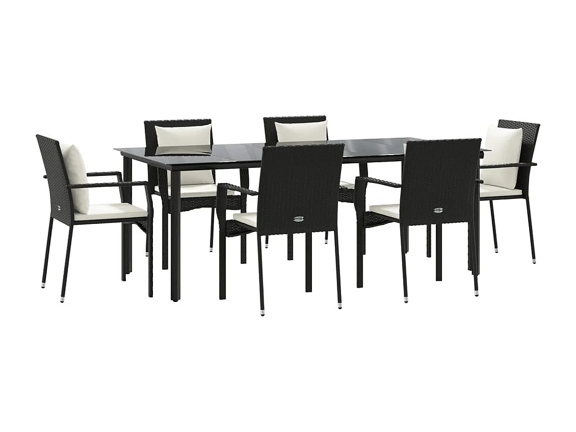 Conjunto de comedor de jardín de 7 piezas de mimbre de resina negra con cojines 02_0014467