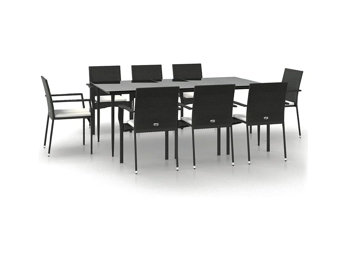 Conjunto de comedor de jardín de 9 piezas con cojines de mimbre de resina negra 02_0014830
