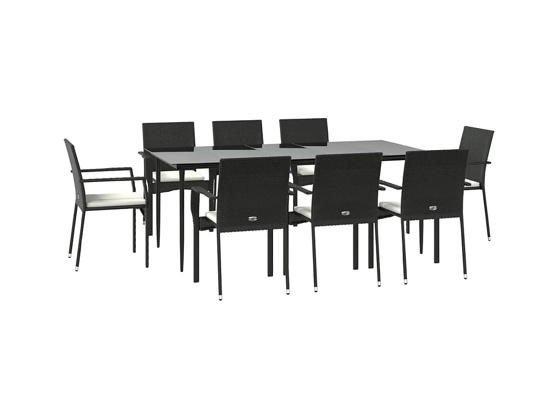 Conjunto de comedor de jardín de 9 piezas con cojines de mimbre de resina negra 02_0014830