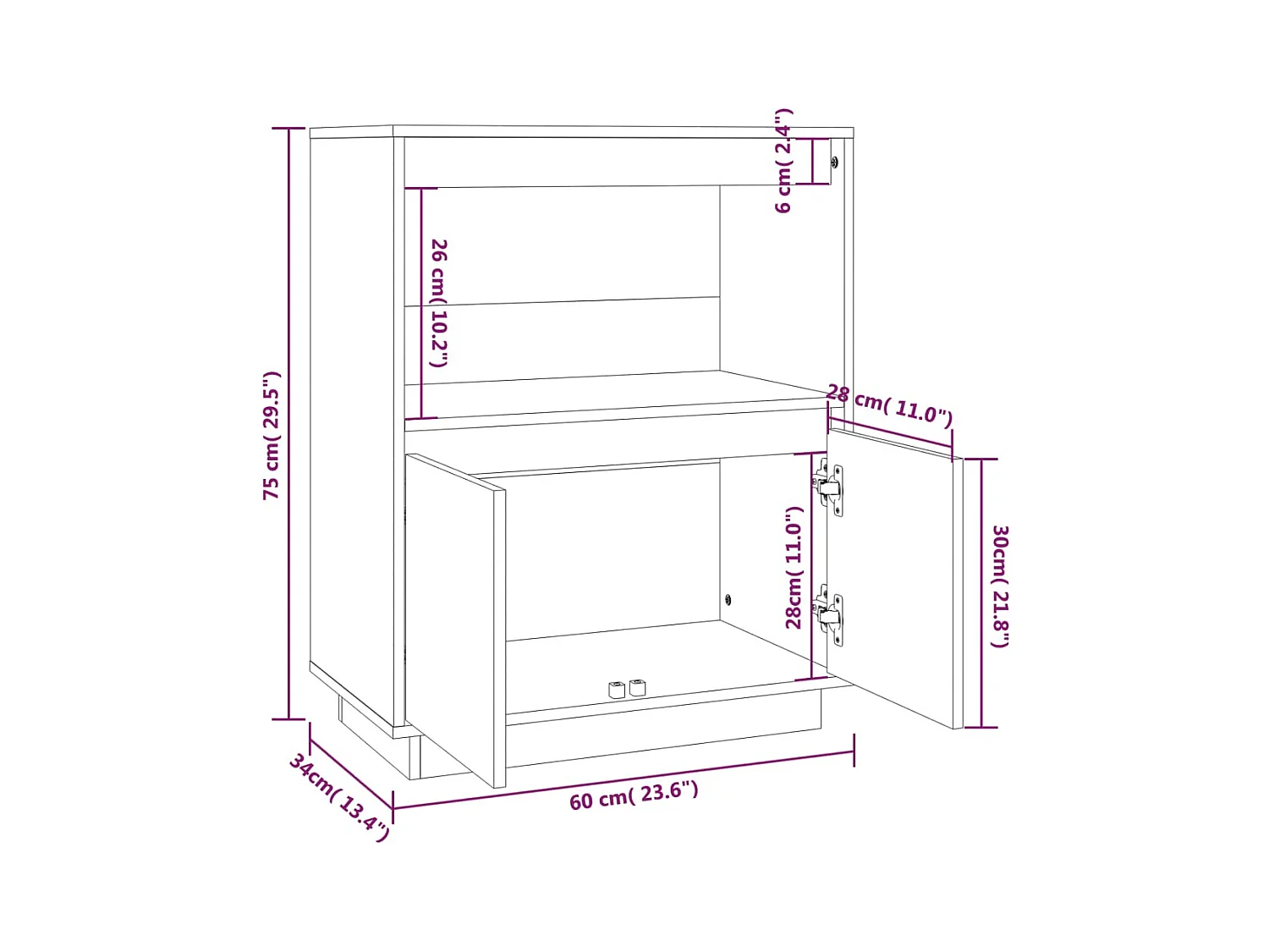 Credenza buffet cassettiera mobile contenitore organizer cucina soggiorno soggiorno 60 x 34 x 75 cm legno massello di pino bianco 02_0030350