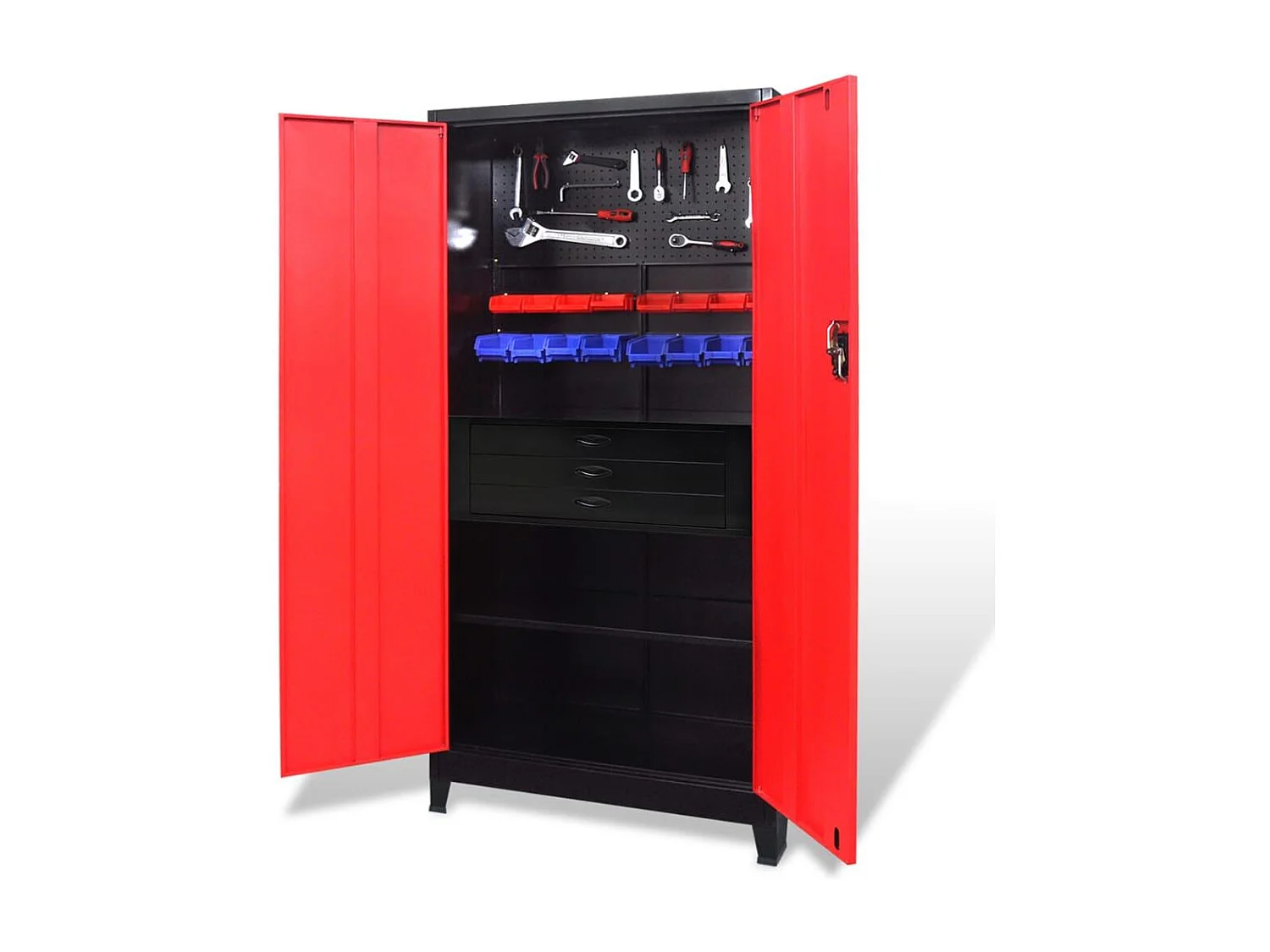 Mobiletto con cassettiera portautensili carrello officina 3 ripiani regolabili in acciaio 180 cm rosso e nero 02_0003797