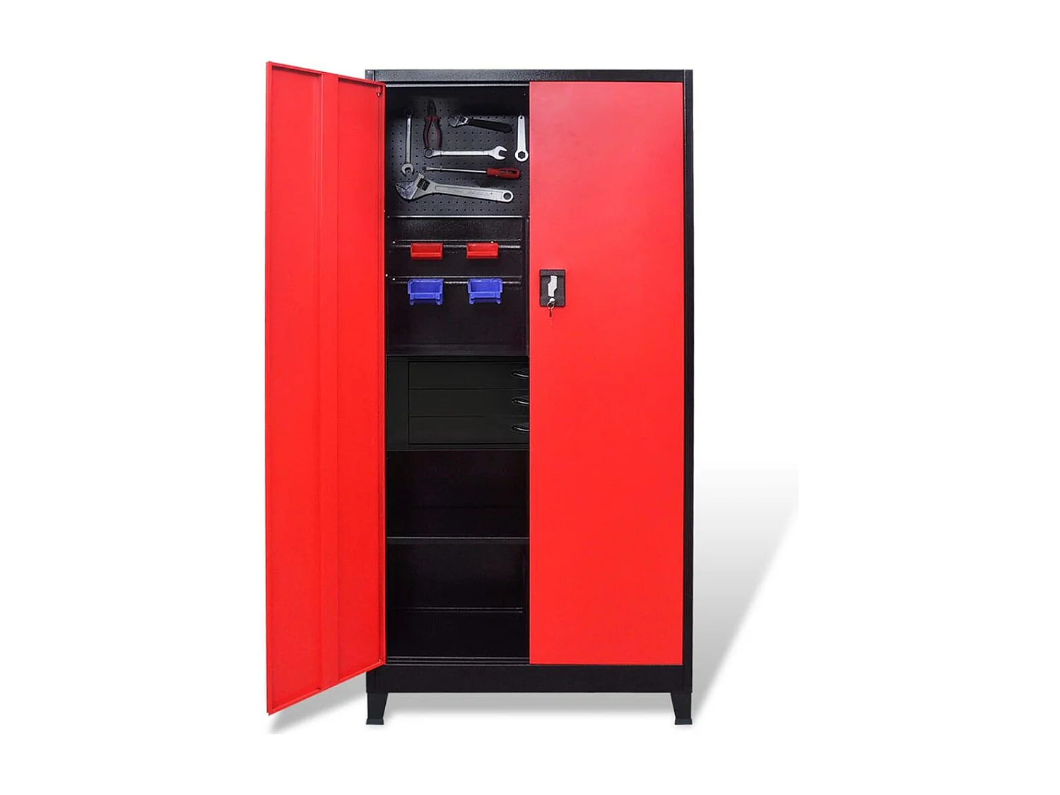 Mobiletto con cassettiera portautensili carrello officina 3 ripiani regolabili in acciaio 180 cm rosso e nero 02_0003797