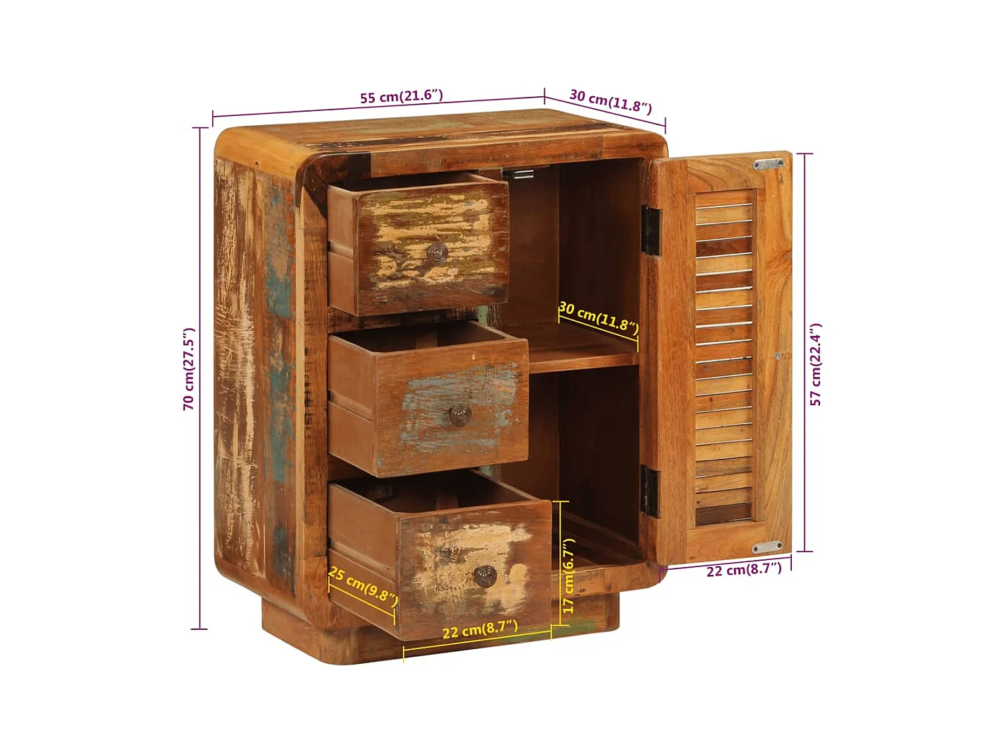 Credenza buffet cassettiera mobile contenitore organizer cucina soggiorno soggiorno con 3 cassetti 55 x 30 x 70 cm legno massello di recupero multicolore 02_0029736