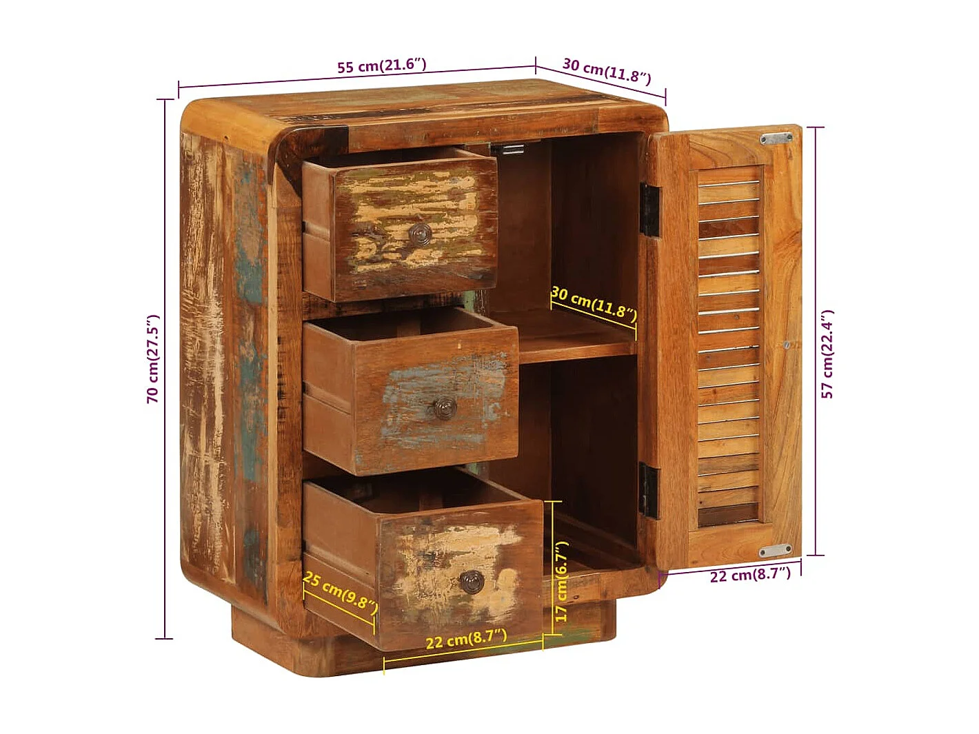 Aparador buffet cómoda mueble mueble organizador cocina salón salón con 3 cajones 55 x 30 x 70 cm madera maciza reciclada multicolor 02_0029736