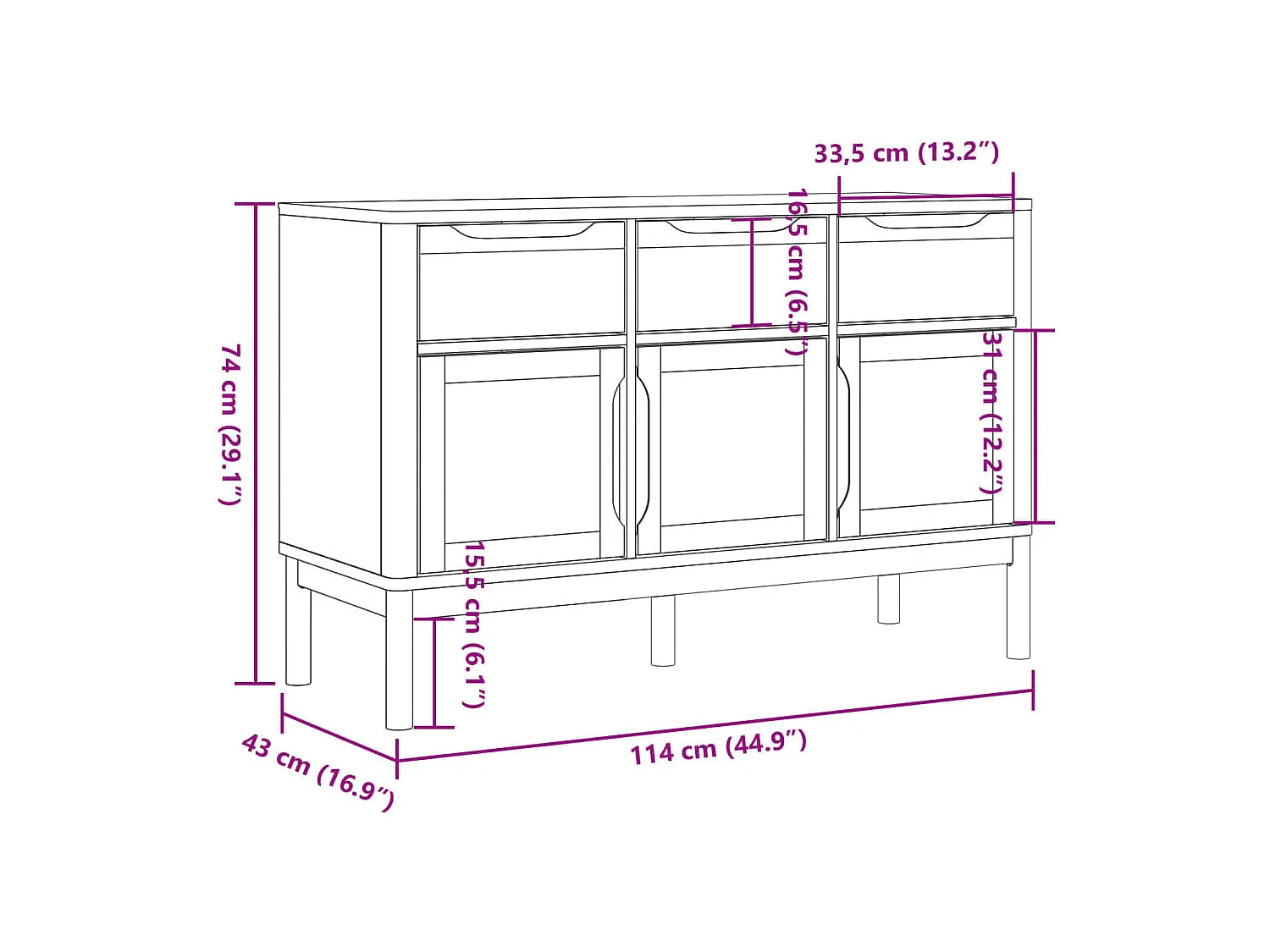 Buffet aparador cômoda armário organizador de unidade cozinha sala sala FLORO 114 x 43 x 74 cm madeira maciça de pinho branco 02_0031756