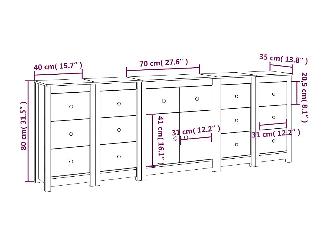 Credenza buffet cassettiera mobile contenitore organizer cucina soggiorno soggiorno 230 x 35 x 80 cm legno massello di pino bianco 02_0030216