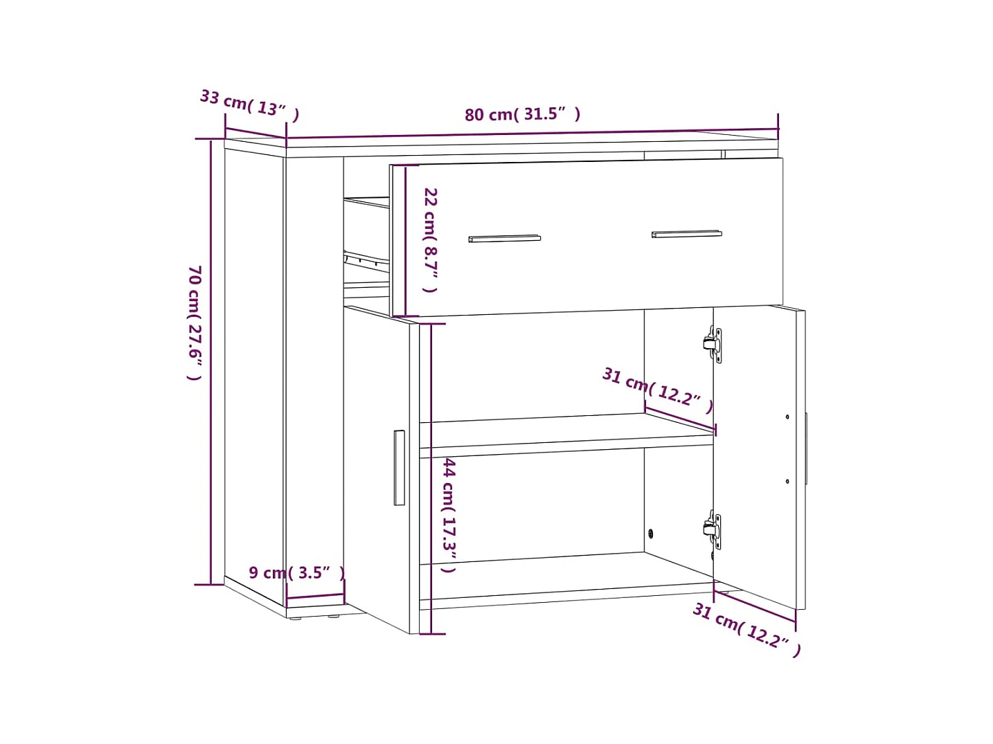 Aparador buffet cómoda mueble mueble de almacenamiento organizador cocina salón salón 80 x 33 x 70 cm madera contrachapada blanco 02_0030511