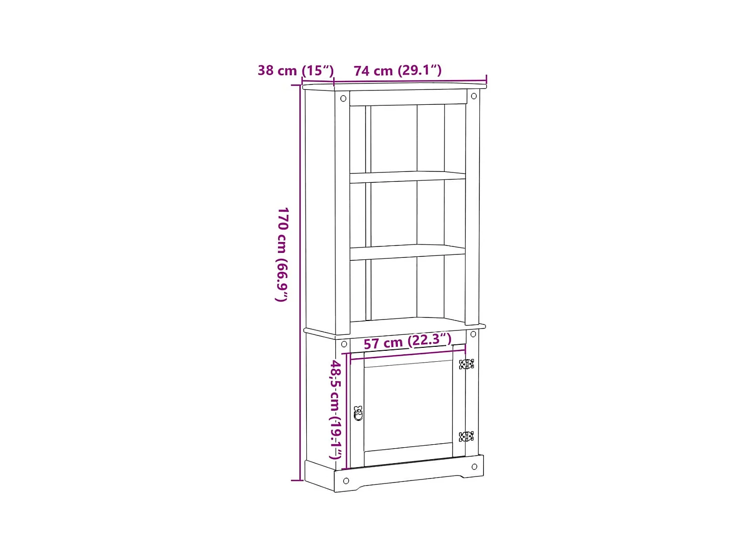 Aparador cómoda cómoda armario mueble organizador cocina salón salón alto Corona 74 x 38 x 170 cm madera maciza de pino marrón 02_0034219