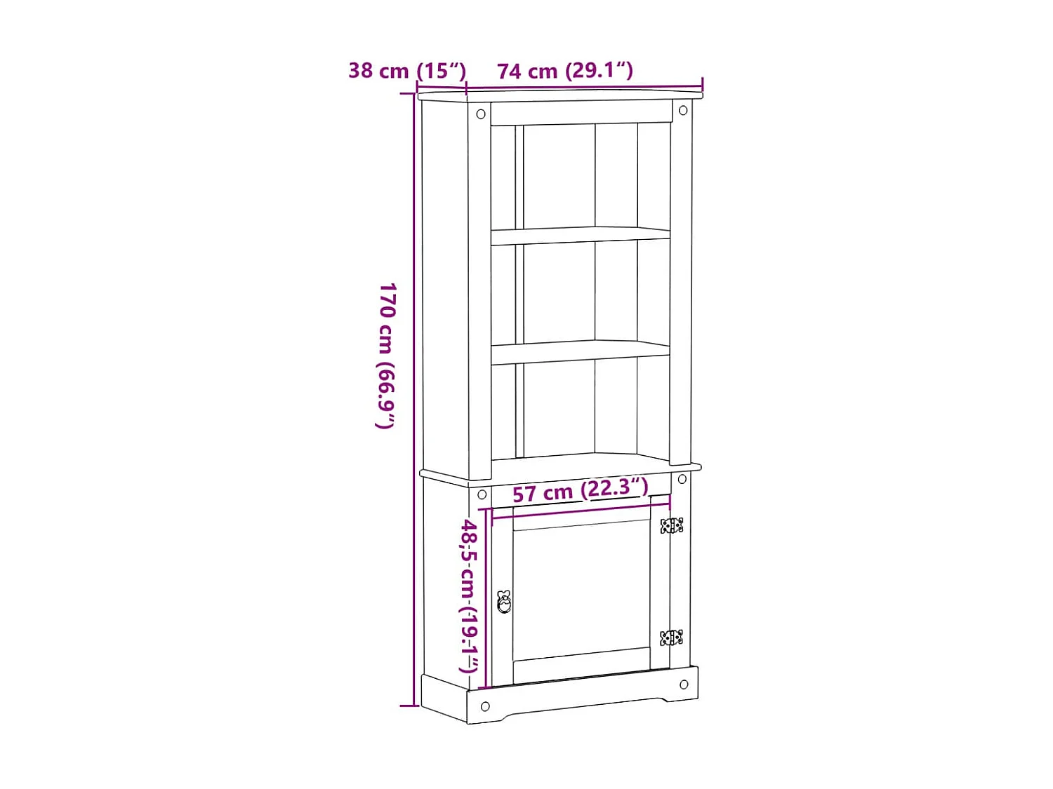 Credenza cassettiera cassettiera mobile contenitore organizer cucina soggiorno soggiorno Corona alta 74 x 38 x 170 cm legno di pino massiccio marrone 02_0034219