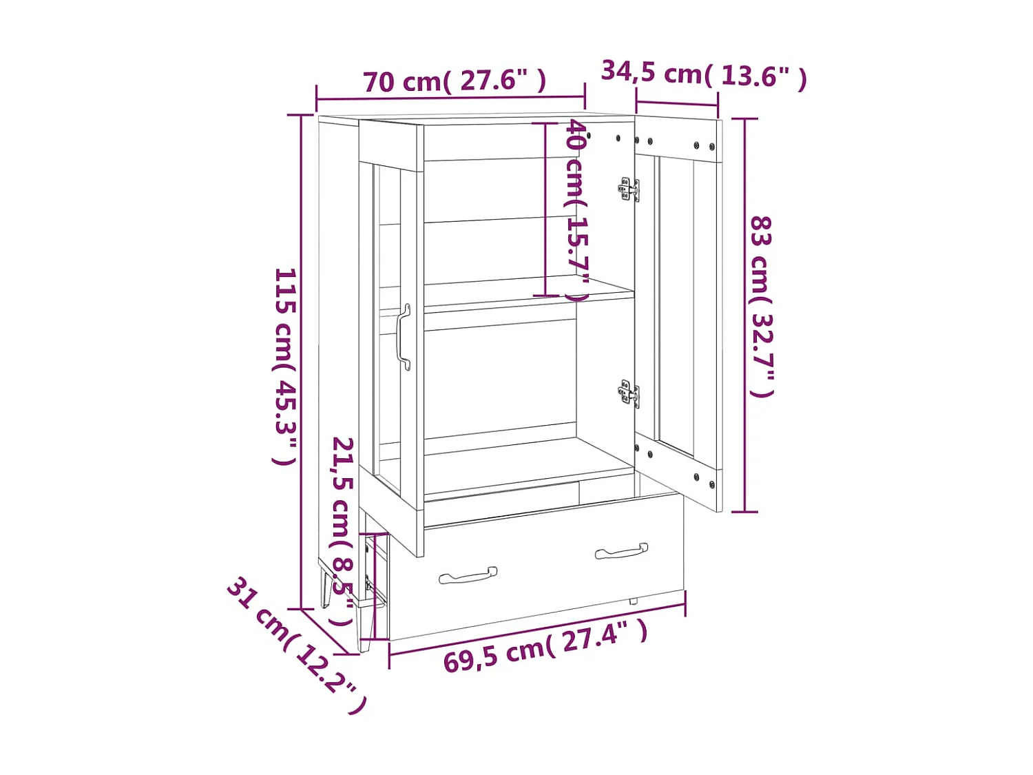 Buffet aparador cômoda armário unidade de armazenamento organizador cozinha sala sala alta 70 x 31 x 115 cm madeira trabalhada marrom 02_0033553