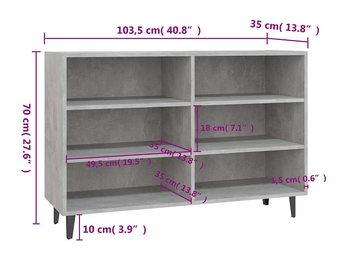 Buffet aparador cômoda armário unidade de armazenamento organizador cozinha sala de estar 103,5 x 35 x 70 cm madeira trabalhada cinza 02_0031842