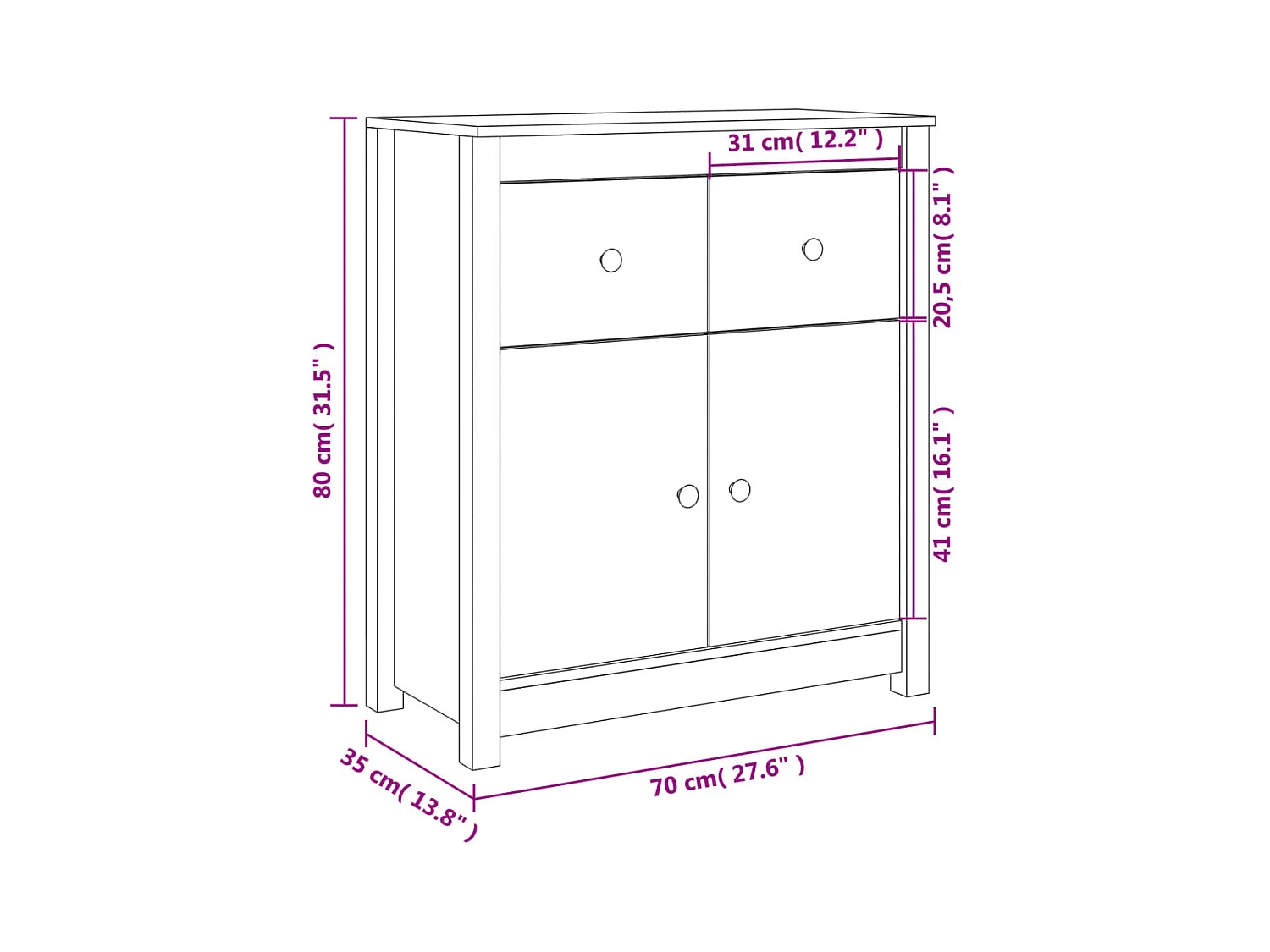 Buffet aparador cômoda armário unidade de armazenamento organizador cozinha sala de estar 70 x 35 x 80 cm preto sólido marrom pinho 02_0029647