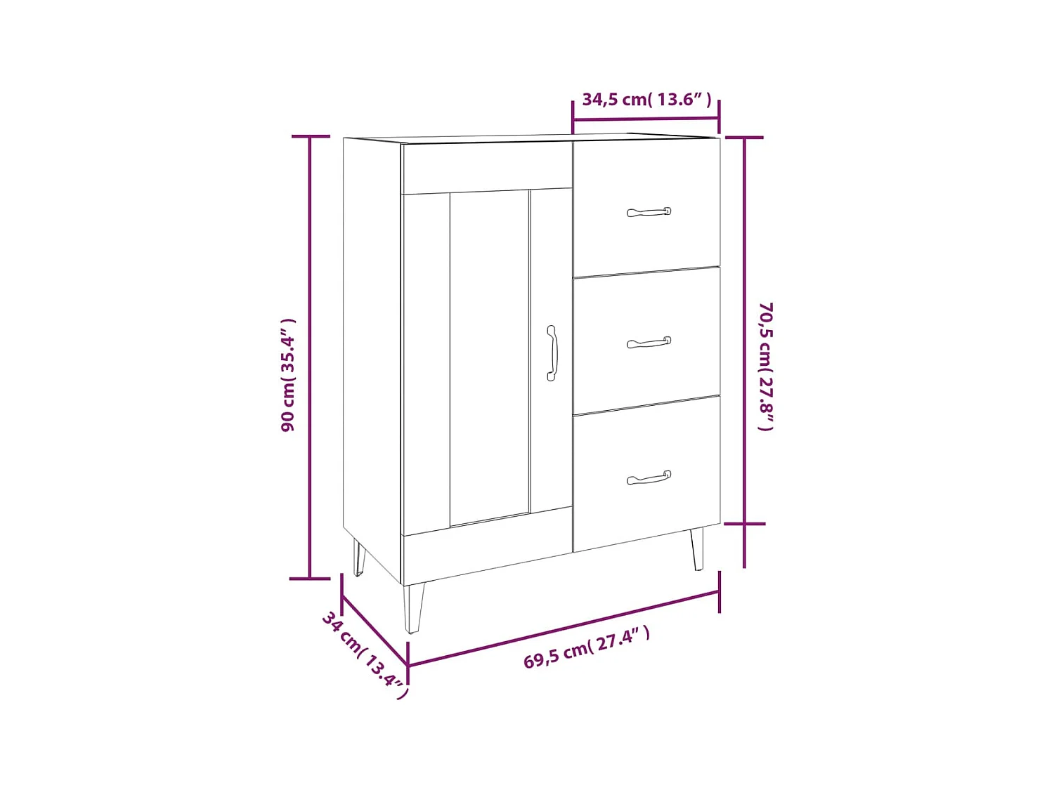 Credenza buffet cassettiera mobile contenitore organizer cucina soggiorno soggiorno 69,5 x 34 x 90 cm derivati ​​del legno bianco 02_0030424