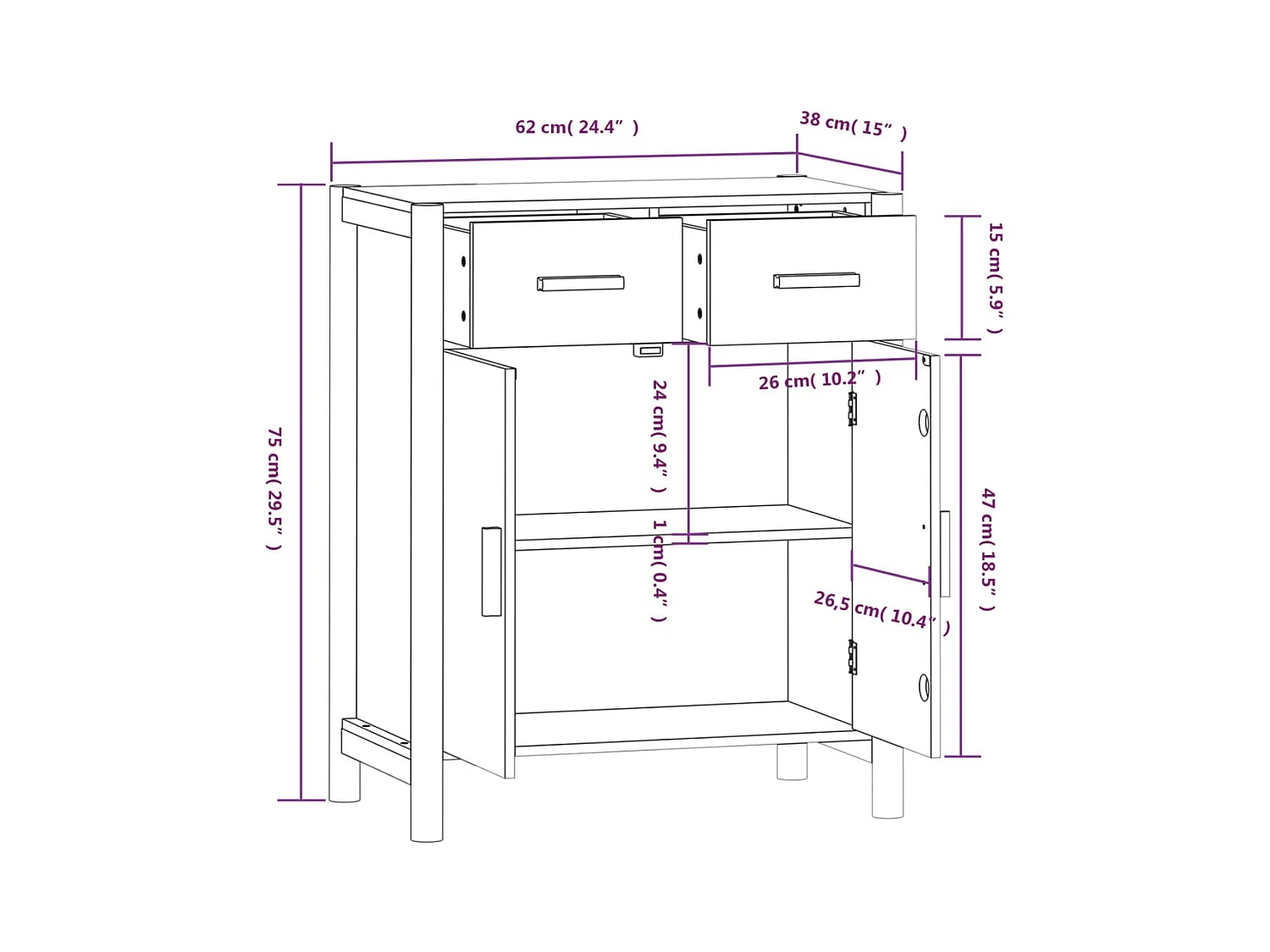 Aparador buffet cómoda mueble mueble de almacenamiento organizador cocina salón salón 62 x 38 x 75 cm madera contrachapada negra 02_0036007