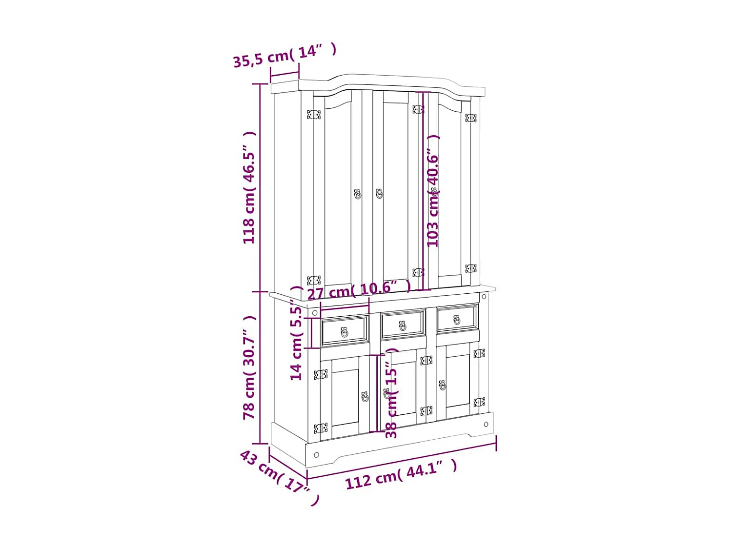 Aparador cômoda armário armário organizador cozinha sala sala alta Corona 112 x 43 x 196 cm madeira maciça pinho mexicain branco 02_0034220
