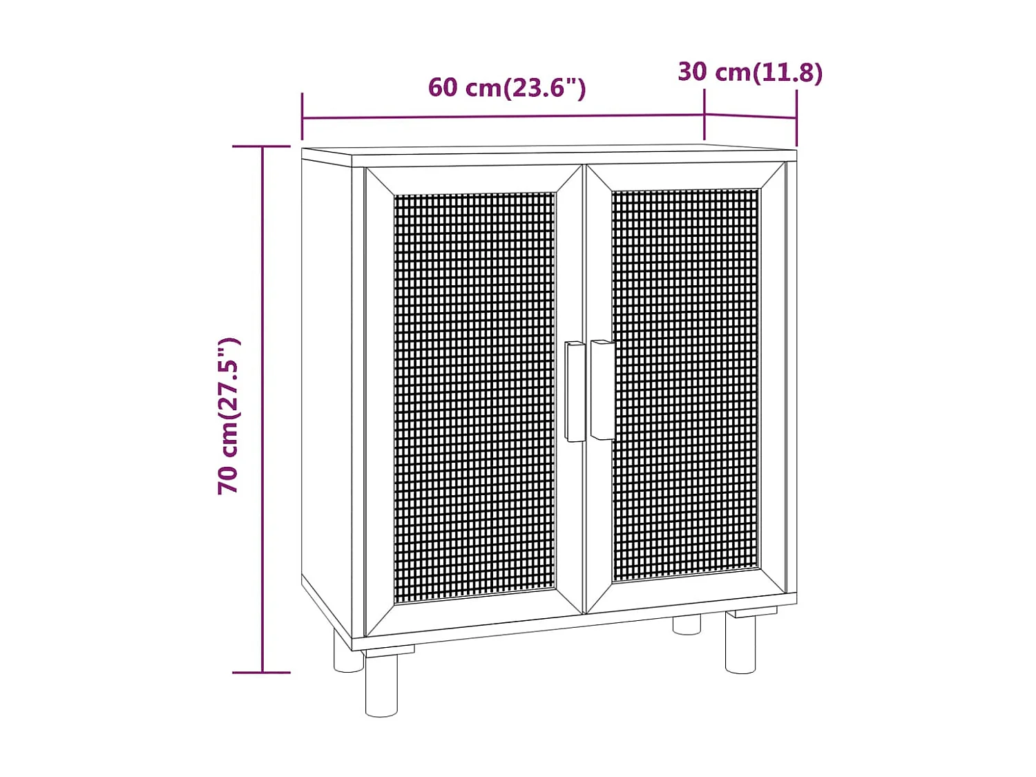 Aparador cômoda armário organizador de unidade cozinha sala sala 60 x 30 x 70 cm madeira maciça de pinho e rattan branco natural 02_0030334