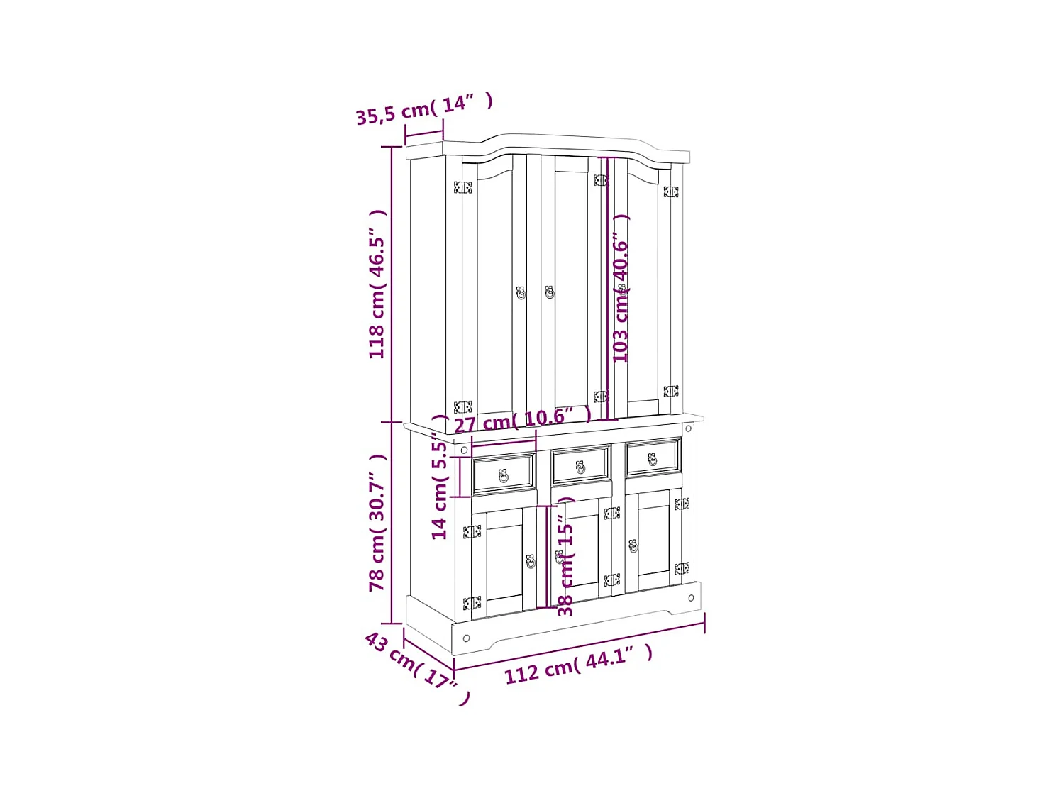 Credenza cassettiera cassettiera mobile contenitore organizer cucina soggiorno Corona 112 x 43 x 196 cm legno massello pino messicano marrone 02_0031748