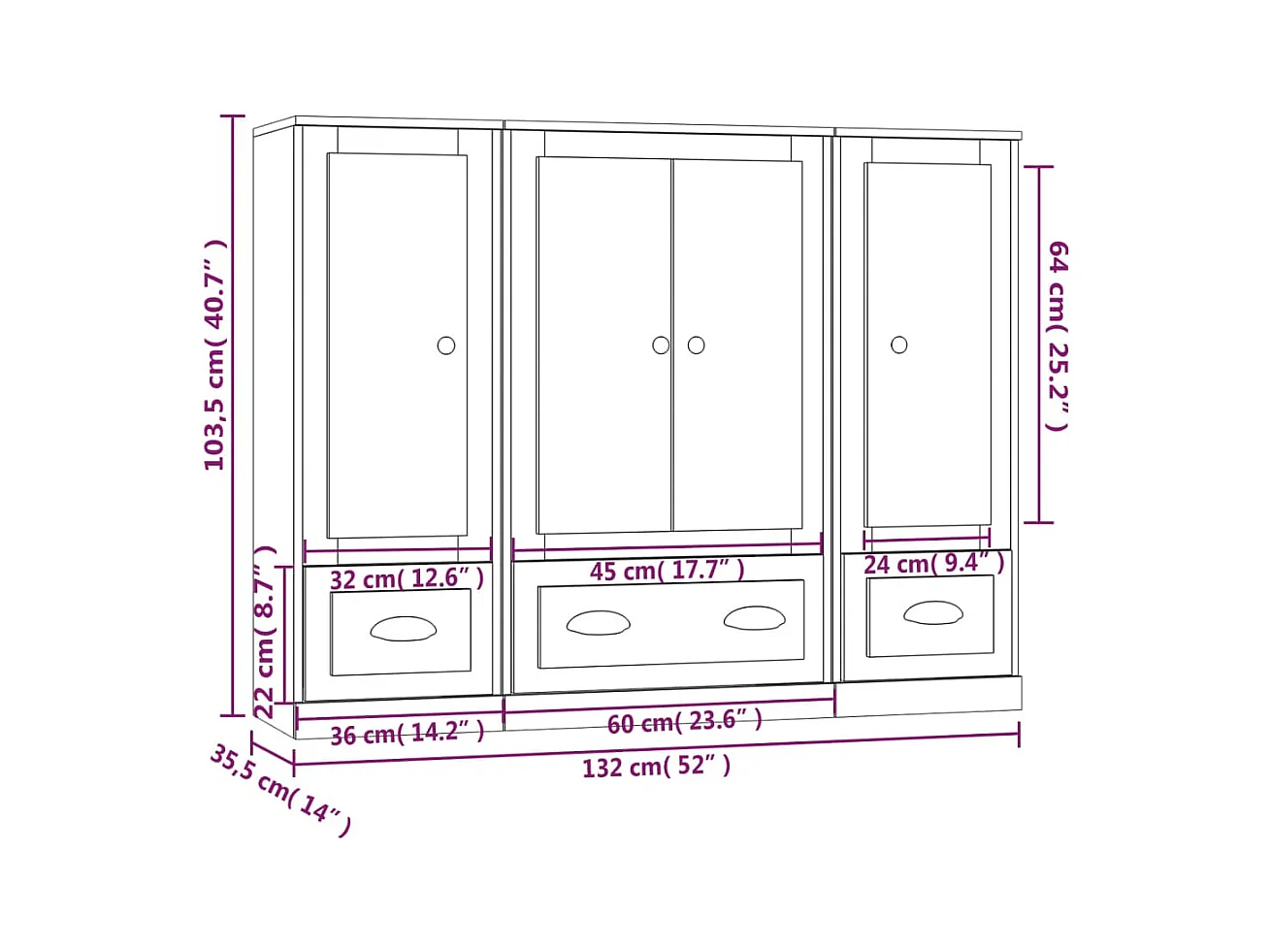 Aparador buffet cómoda gabinete unidad de almacenamiento organizador cocina salón sala de estar 3 piezas madera contrachapada blanco 02_0037017