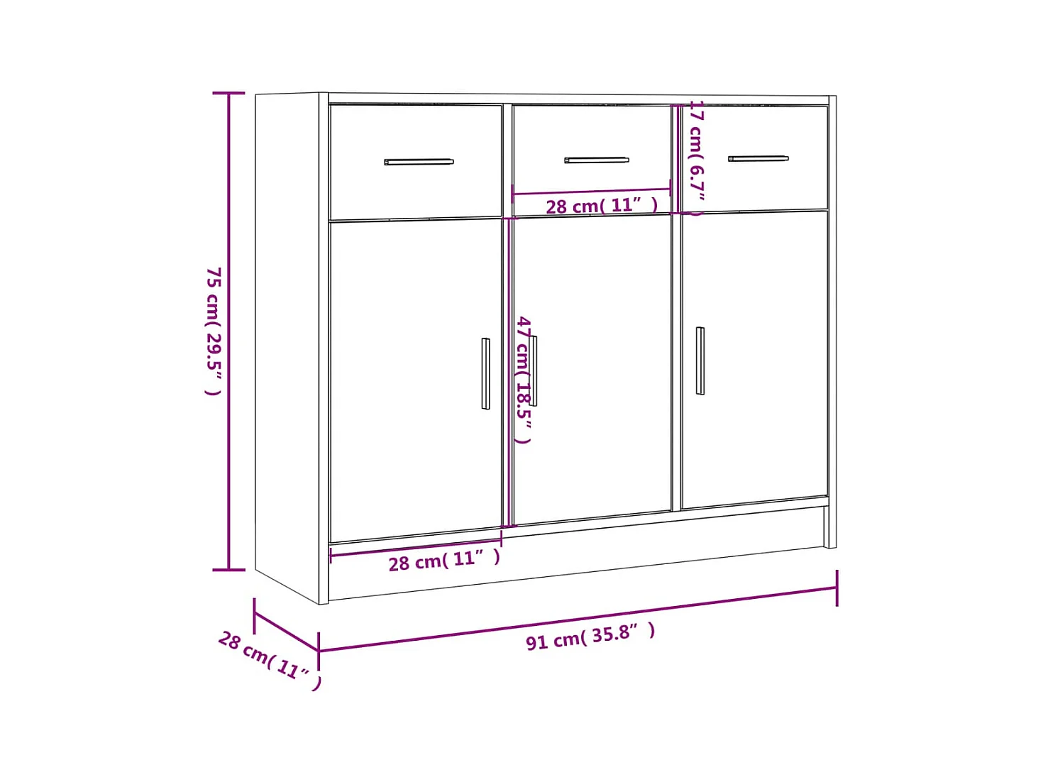 Aparador buffet cómoda armario unidad de almacenamiento organizador cocina salón salón 91 x 28 x 75 cm madera contrachapada gris 02_0032125