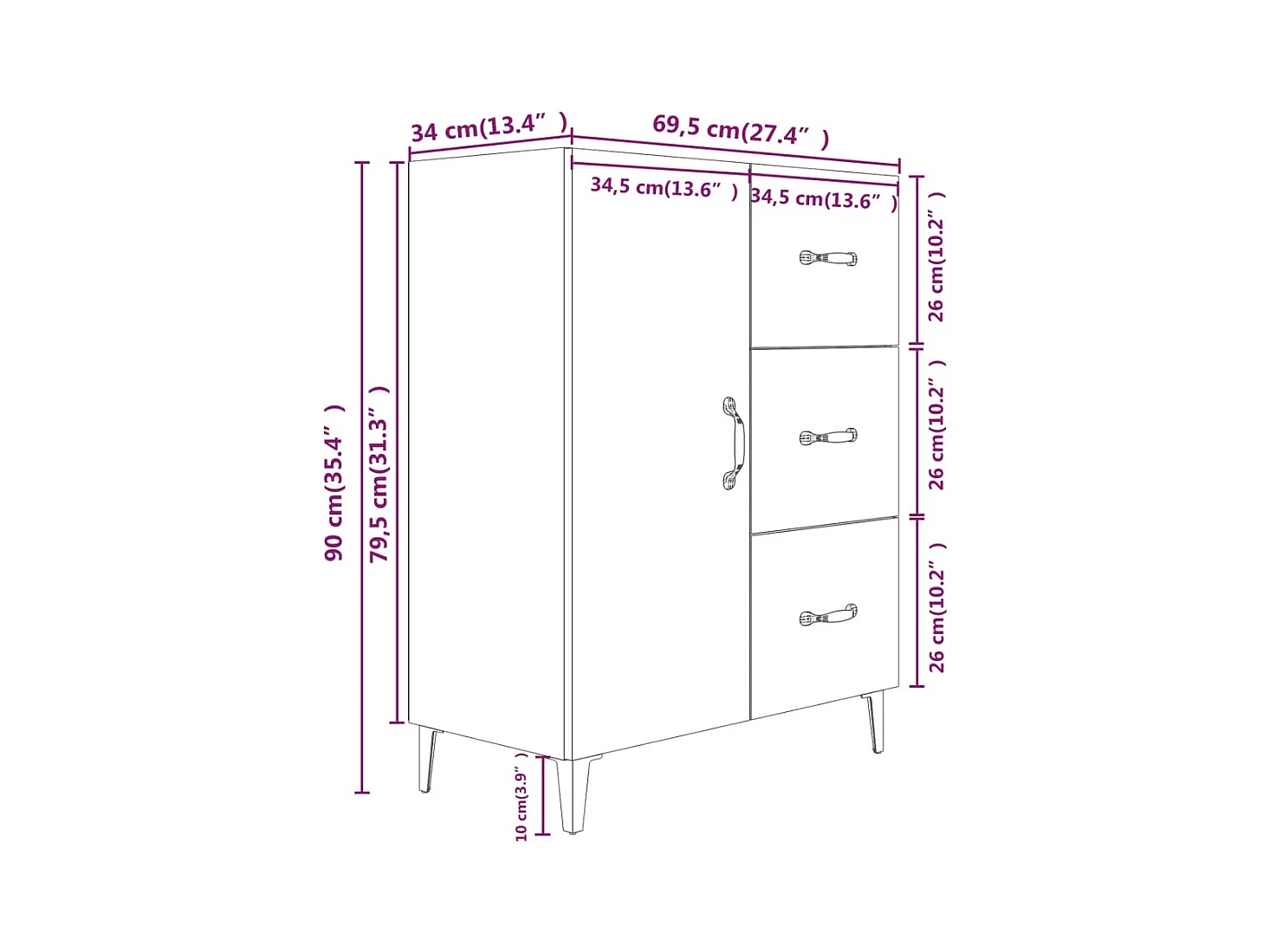 Credenza buffet cassettiera mobile contenitore organizer cucina soggiorno soggiorno 69,5 x 34 x 90 cm derivati ​​del legno marrone 02_0031042
