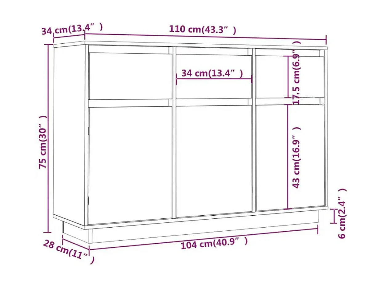 Aparador cômoda armário armário organizador cozinha sala sala 110 x 34 x 75 cm madeira maciça de pinho marrom 02_0029515