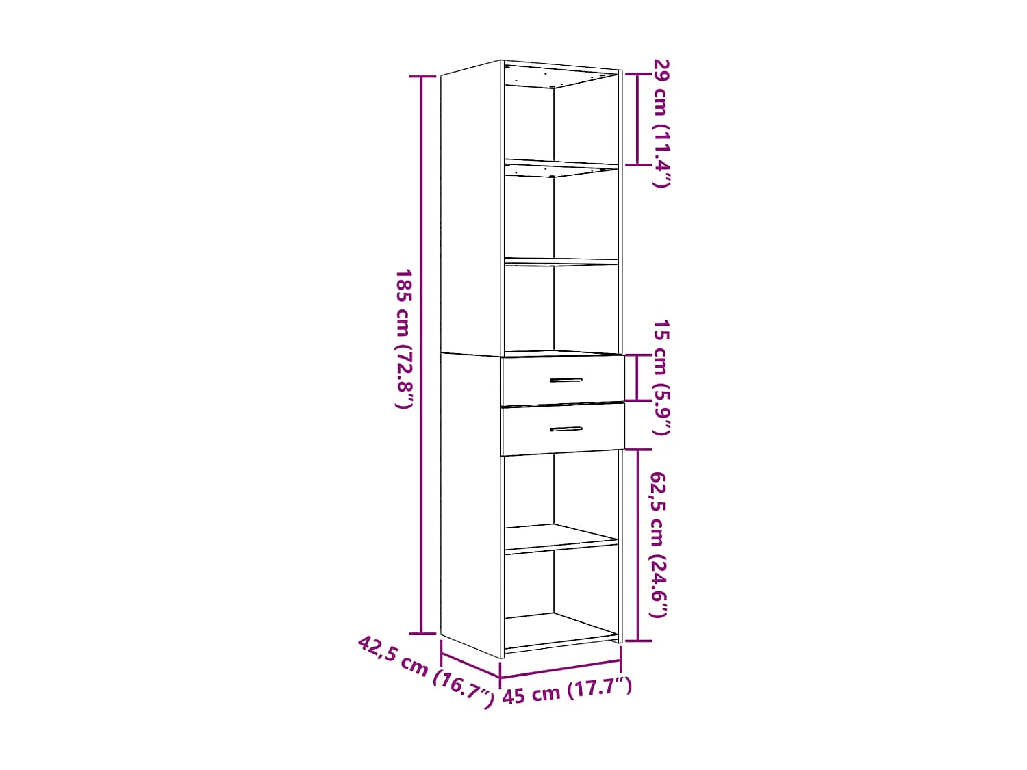 Aparador buffet cómoda armario mueble organizador cocina salón salón alto 45 x 42,5 x 185 cm madera contrachapada marrón 02_0033363